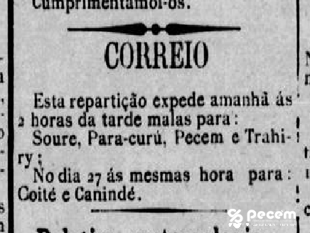 1892 - Informe dos correios no Jornal A República sobre o envio de malas para o Pecém