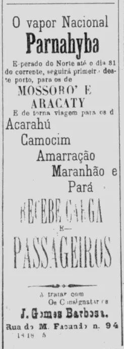 1899 – Jornal a República – Propaganda de J. Gomes Barbosa, agente que funcionava na rua Major Facundo.