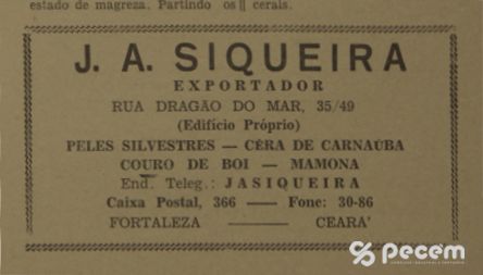 1951 - Propaganda de J. A. SIQUEIRA no Almanaque do Ceará.