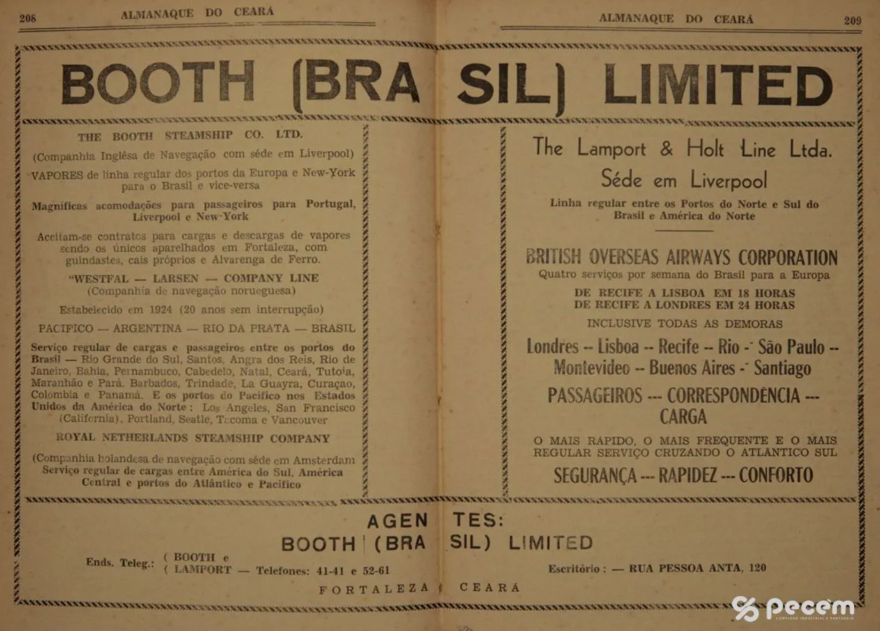 1953 - Propaganda da companhia Booth Limited, empresa de navegação e administração portuária, escritório Fortaleza  - Almanaque do Ceará