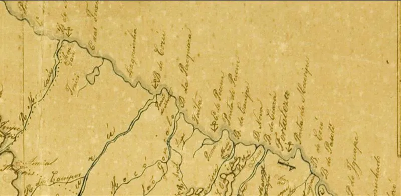 Recorte de mapa do Arquivo Histórico do Exército Brasileiro do ano de 1854, com destaque dos portos do Estado da época, em especial o Porto do Pecém.