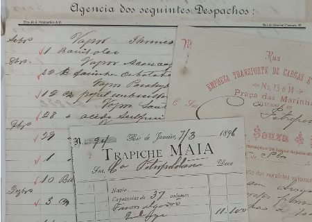 Documentos e conhecimentos de carga de transporte marítimo do século XVIII de portos do país.