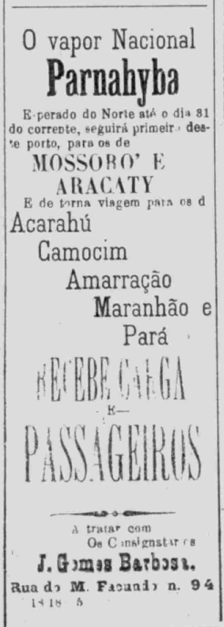 1899 – Jornal a República – Propaganda de J. Gomes Barbosa, agente que funcionava na rua Major Facundo.